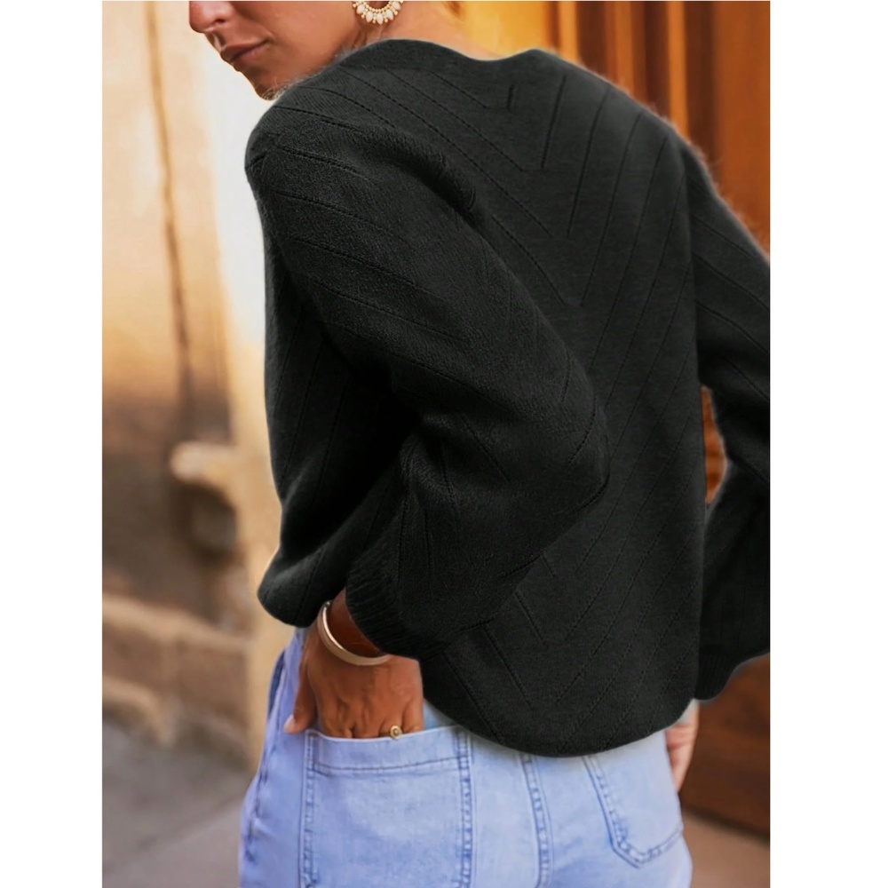 V-Cut Buttoned Down Black  Knit Cardigan Textured, Long Sleeve - Picture 5 of 7
